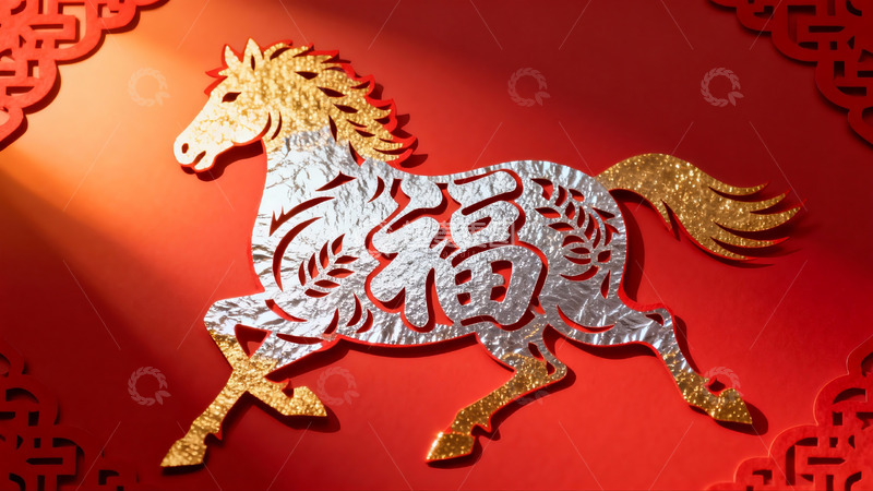 高清大图下载【趣麦麦图】红色背景上的金色银色马剪纸