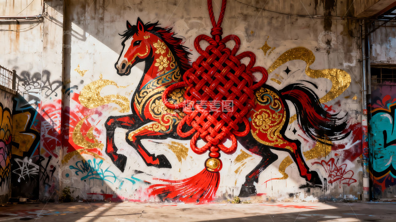 高清大图下载【趣麦麦图】街头艺术马匹与中国结壁画