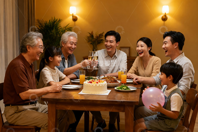 高清大图下载【趣麦麦图】三代同堂家庭聚餐欢庆生日