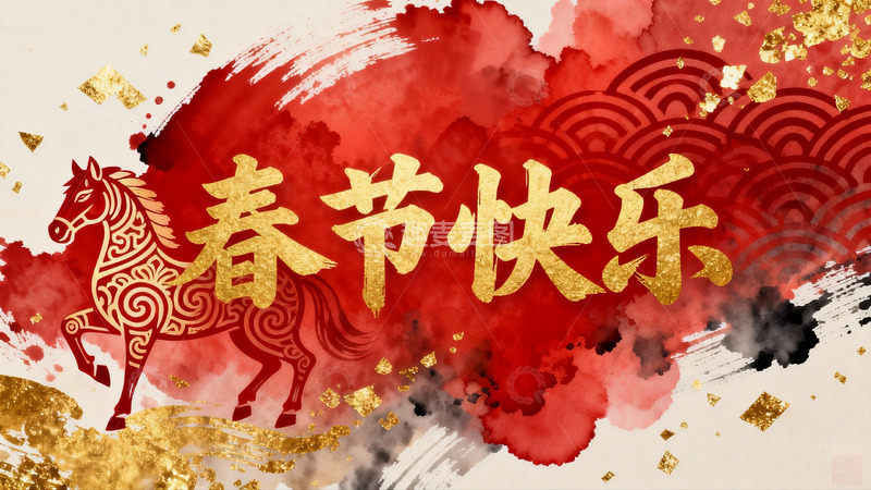 高清大图下载【趣麦麦图】春节贺图红金马图案