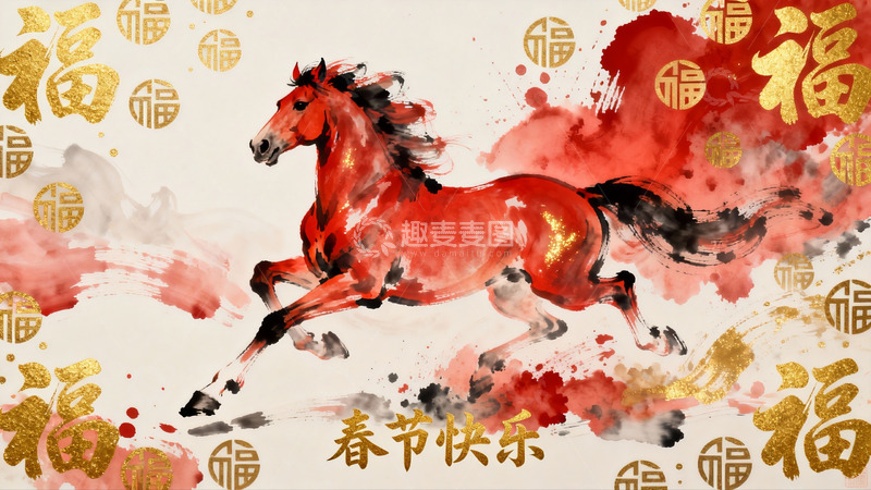 高清大图下载【趣麦麦图】红色骏马奔腾迎新春