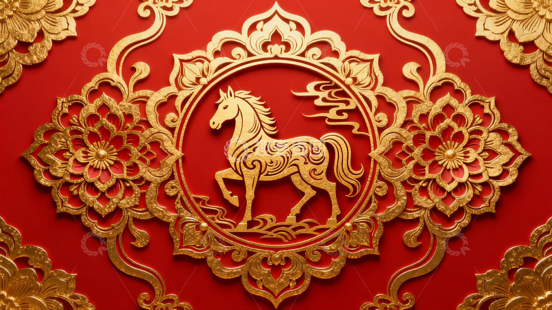 高清大图下载【趣麦麦图】红色背景金色马纹装饰图案