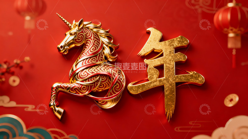 高清大图下载【趣麦麦图】金色祥马迎新年