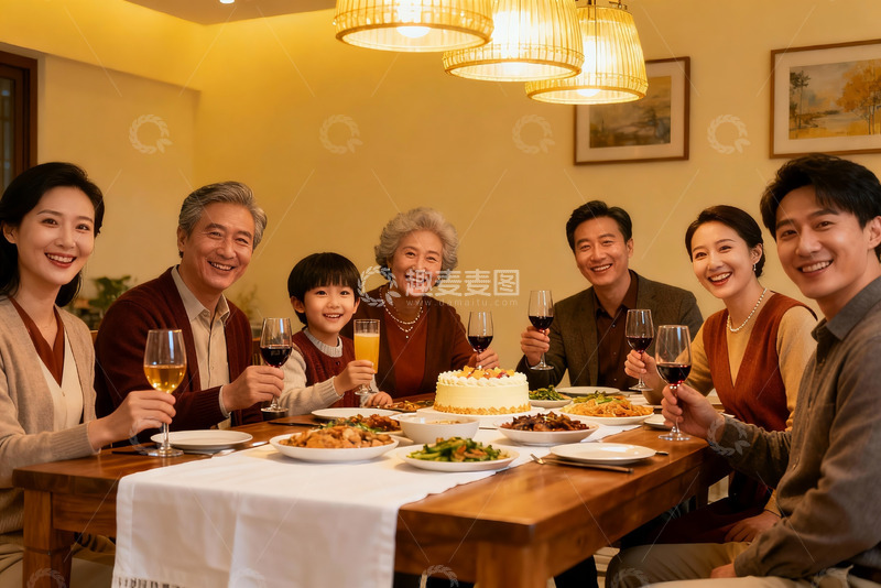 高清大图下载【趣麦麦图】三代同堂家庭聚餐温馨场景