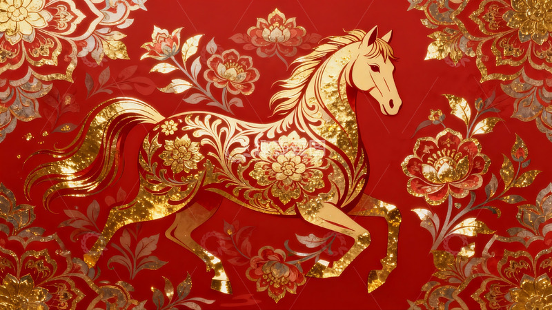 高清大图下载【趣麦麦图】金色骏马祥云图案红色背景