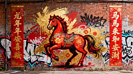 红马壁画映衬砖墙涂鸦