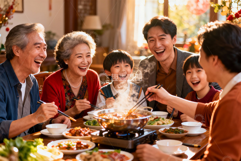 高清大图下载【趣麦麦图】三代同堂围炉聚餐其乐融融