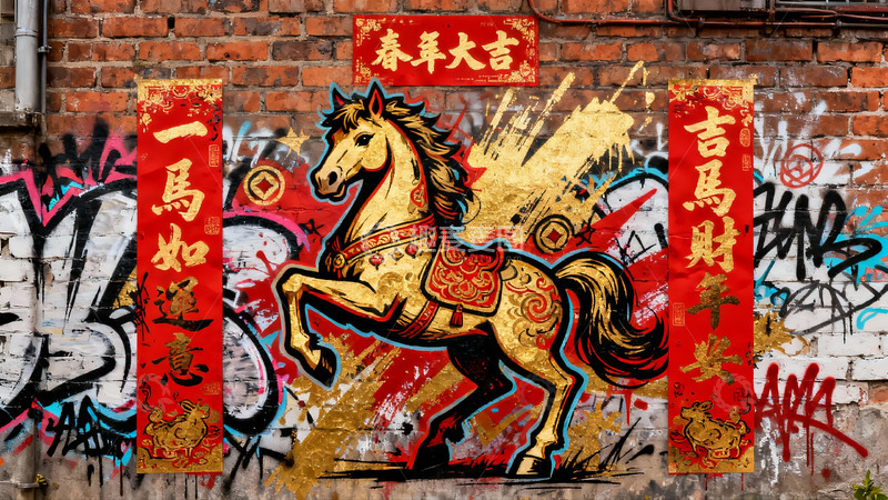 高清大图下载【趣麦麦图】街头壁画骏马迎春图