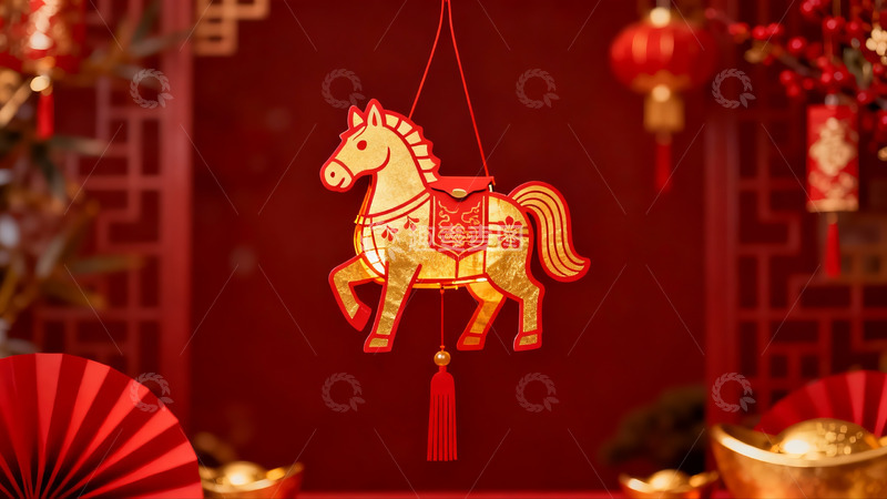 高清大图下载【趣麦麦图】红色背景下的金色马形挂饰