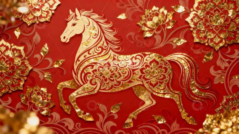 高清大图下载【趣麦麦图】金色骏马剪纸艺术图案