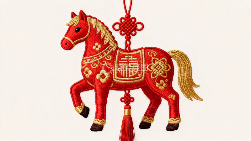 高清大图下载【趣麦麦图】红色刺绣马挂饰新年吉祥物