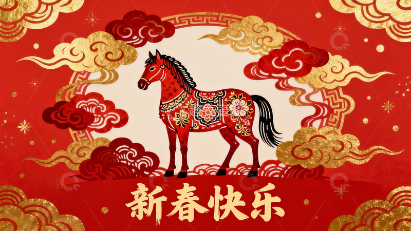 高清大图下载【趣麦麦图】红色背景上的装饰马图案