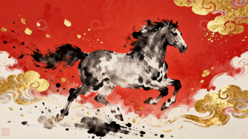高清大图下载【趣麦麦图】奔腾骏马水墨画