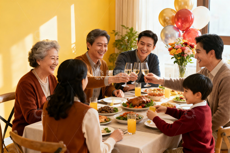 高清大图下载【趣麦麦图】三代同堂家庭聚餐温馨场景