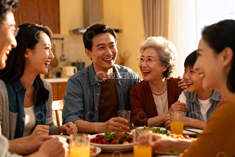 高清大图下载【趣麦麦图】三代同堂家庭聚餐温馨场景