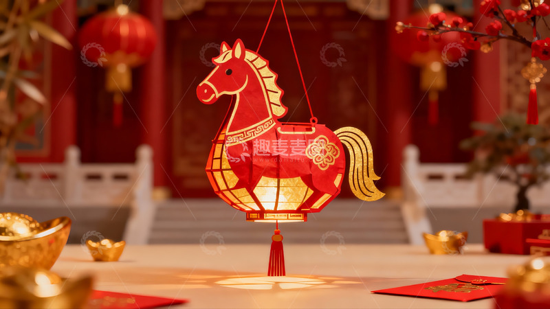 高清大图下载【趣麦麦图】红色马形灯笼装饰新年场景