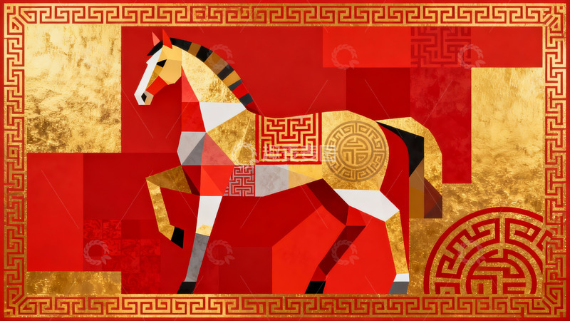 高清大图下载【趣麦麦图】红色背景几何马图案装饰画