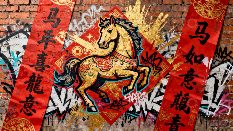 高清大图下载【趣麦麦图】街头壁画骏马迎春图