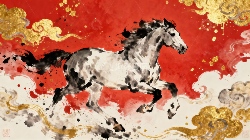 高清大图下载【趣麦麦图】奔腾骏马水墨画