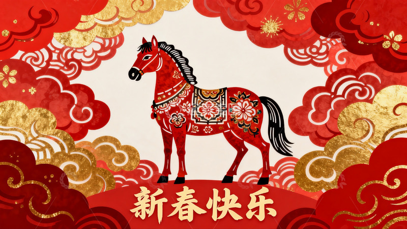 高清大图下载【趣麦麦图】红色骏马祥云新春祝福图
