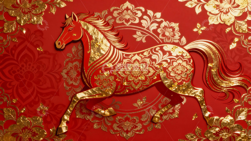 高清大图下载【趣麦麦图】红色背景金色骏马图案