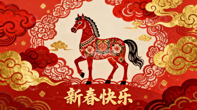 高清大图下载【趣麦麦图】红色剪纸马迎新春图案