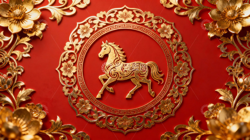 高清大图下载【趣麦麦图】红色背景金色马纹装饰图案