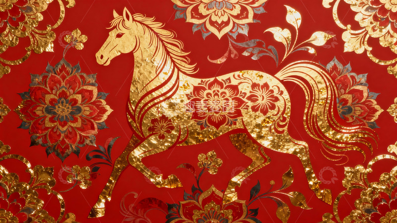 高清大图下载【趣麦麦图】红色背景金色骏马图案装饰画