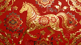 红色背景金色骏马图案装饰画