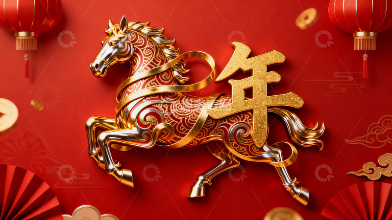 高清大图下载【趣麦麦图】金色骏马迎新年装饰图案