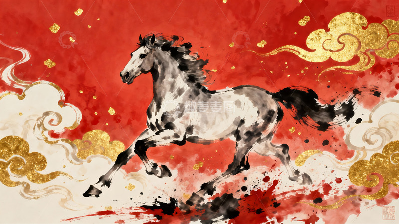 高清大图下载【趣麦麦图】奔腾骏马祥云环绕水墨画