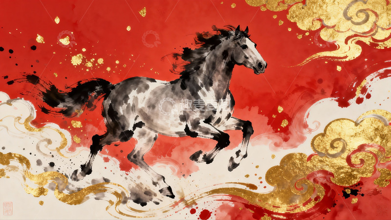 高清大图下载【趣麦麦图】奔腾骏马红金云纹画