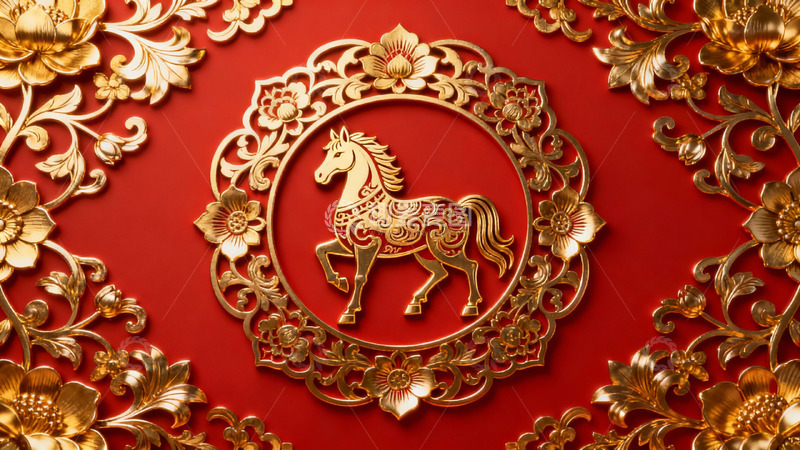 高清大图下载【趣麦麦图】金色马纹样红色背景装饰图案