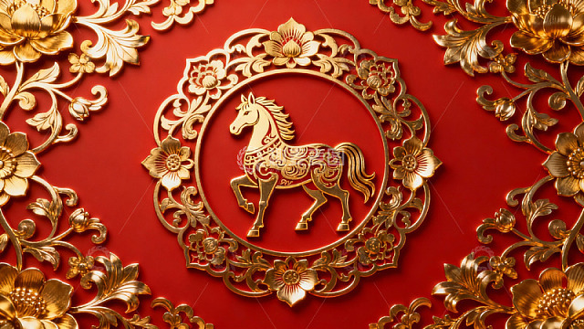 金色马纹样红色背景装饰图案