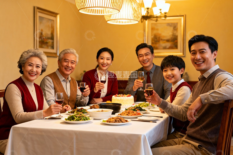 高清大图下载【趣麦麦图】三代同堂家庭聚餐温馨场景