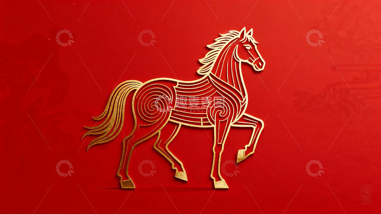 红色背景金色马形剪纸图案