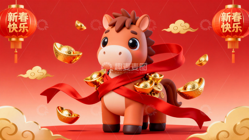 高清大图下载【趣麦麦图】新春马年卡通形象红灯笼