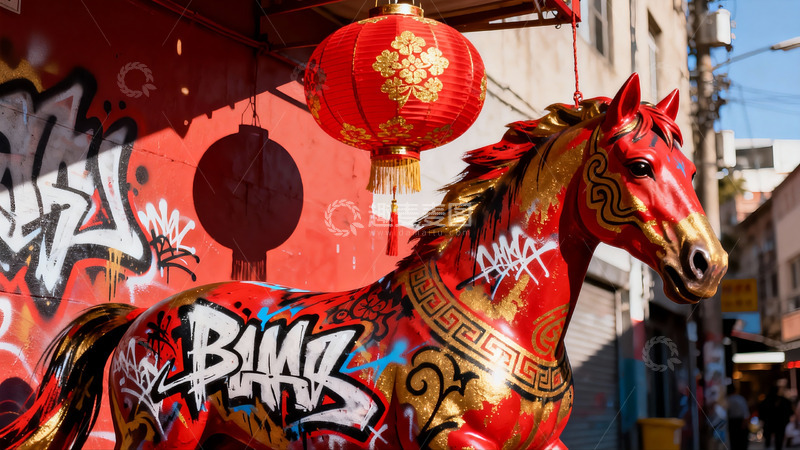 高清大图下载【趣麦麦图】街头红色骏马雕塑与红灯笼
