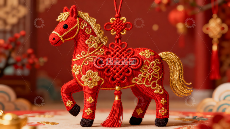 高清大图下载【趣麦麦图】红色刺绣马挂饰节日装饰品