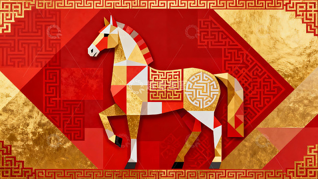 红色背景几何马图案设计