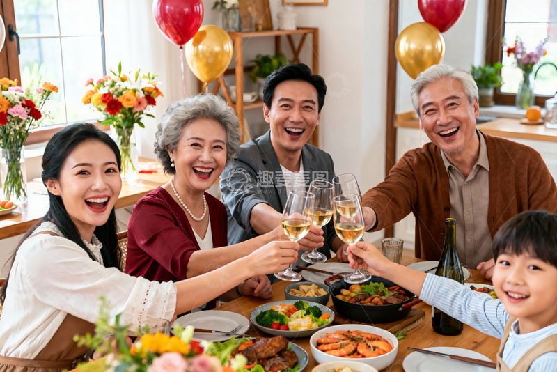 高清大图下载【趣麦麦图】三代同堂家庭聚餐举杯欢庆