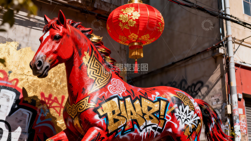 高清大图下载【趣麦麦图】街头红色骏马雕塑与红灯笼
