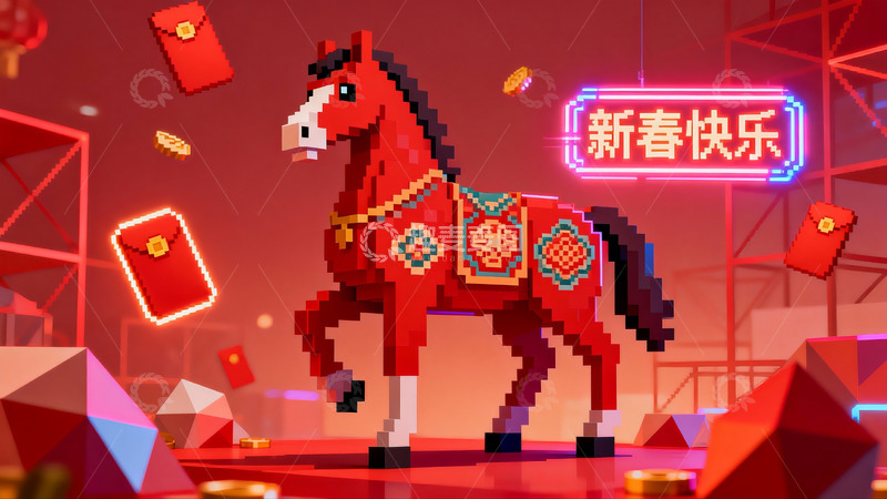 高清大图下载【趣麦麦图】像素风格新春马匹贺岁图
