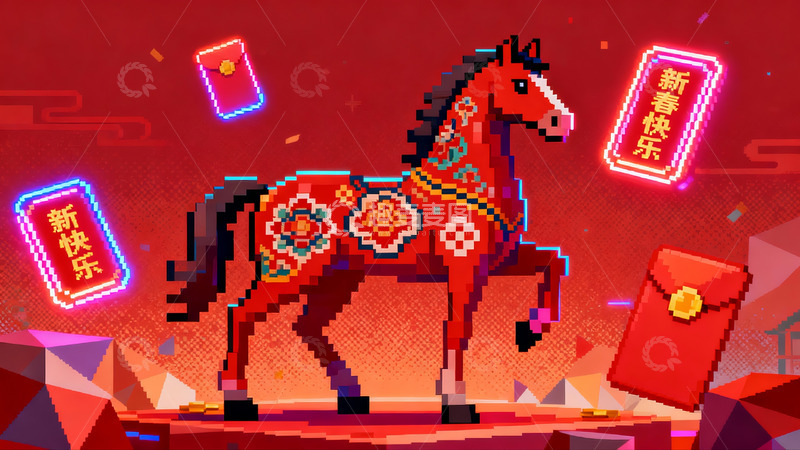 高清大图下载【趣麦麦图】像素风格新年骏马图