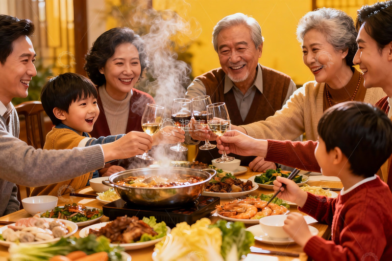 高清大图下载【趣麦麦图】三代同堂家庭聚餐举杯欢庆