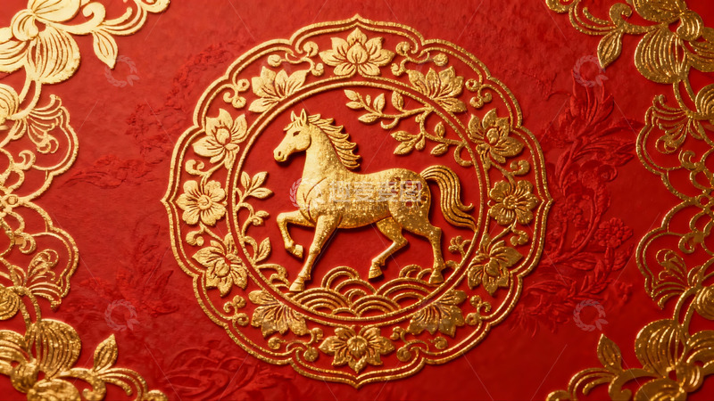 高清大图下载【趣麦麦图】金色骏马图案红色背景装饰画