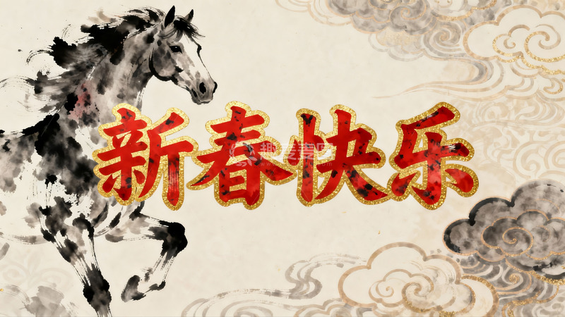 高清大图下载【趣麦麦图】水墨骏马迎春图