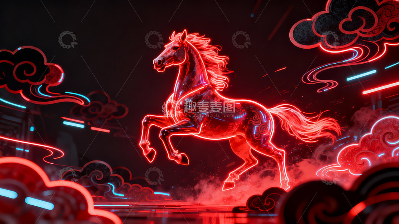 高清大图下载【趣麦麦图】霓虹光影中的奔马云纹艺术