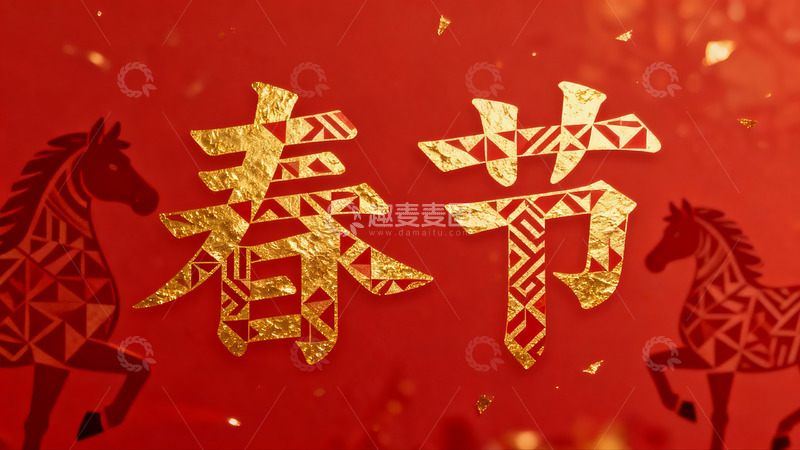 高清大图下载【趣麦麦图】春节金色大字配马形剪纸