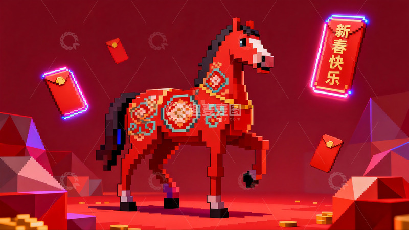 高清大图下载【趣麦麦图】新春像素红马贺岁图